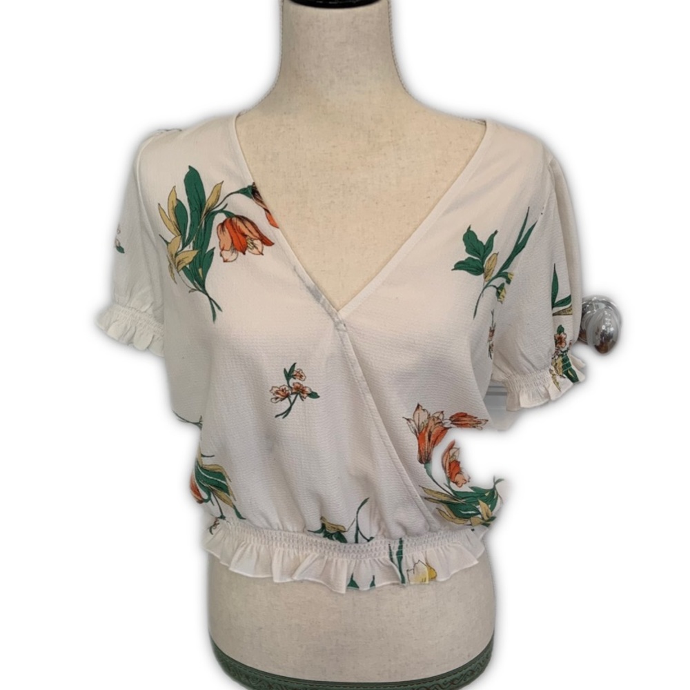 One Clothing white floral print cropped short sleeve peplum deep v blouse